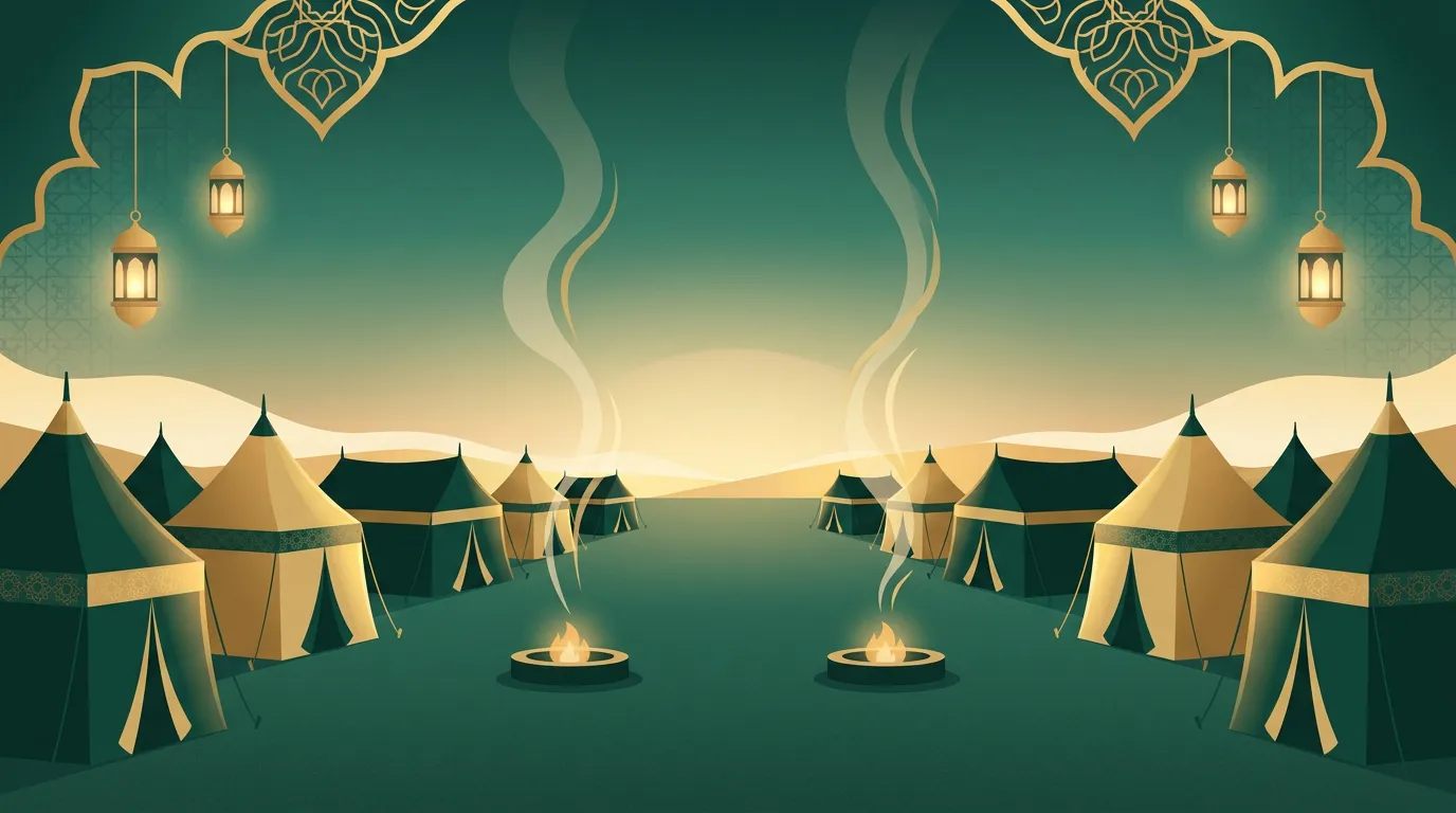 A desert camp of tents with low fires at first light