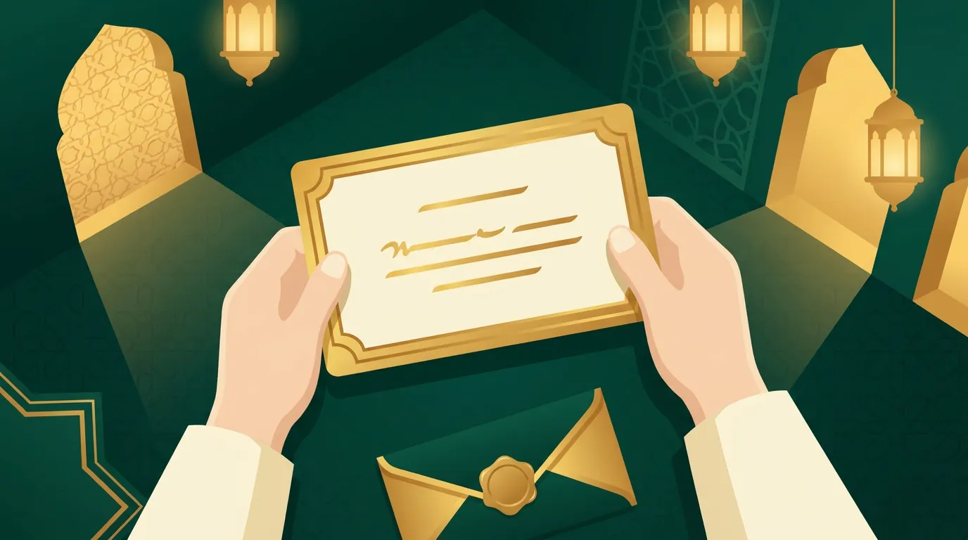 Hands holding a certificate framed by golden arches