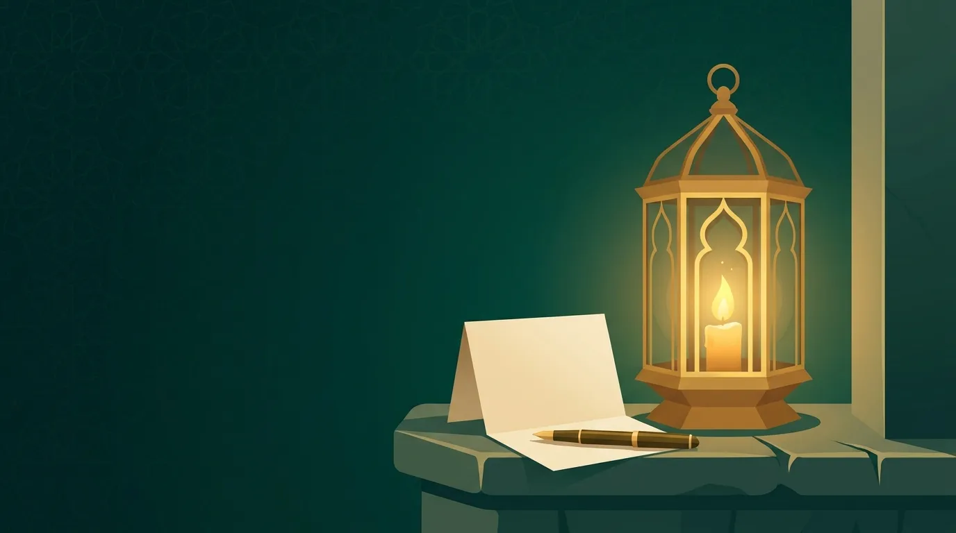 A letter beside a glowing lantern on a dark desk
