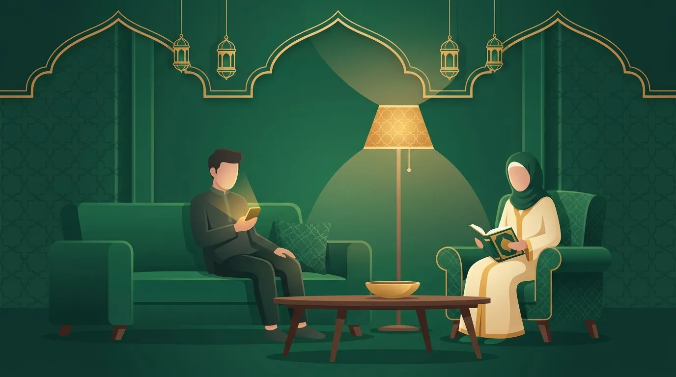 A couple reading together on a green sofa in a lamplit room