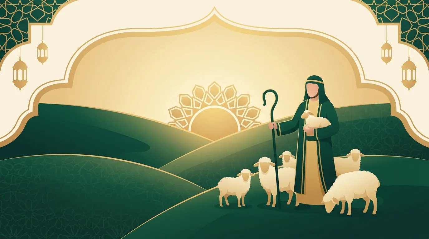 A shepherd with his flock on green hills at dawn